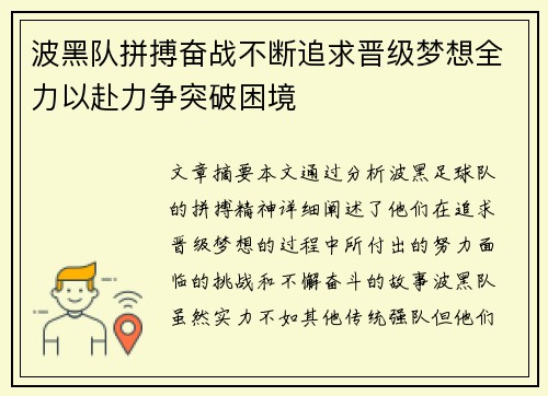 波黑队拼搏奋战不断追求晋级梦想全力以赴力争突破困境