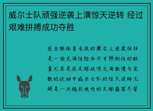 威尔士队顽强逆袭上演惊天逆转 经过艰难拼搏成功夺胜