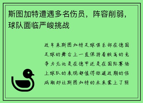 斯图加特遭遇多名伤员，阵容削弱，球队面临严峻挑战
