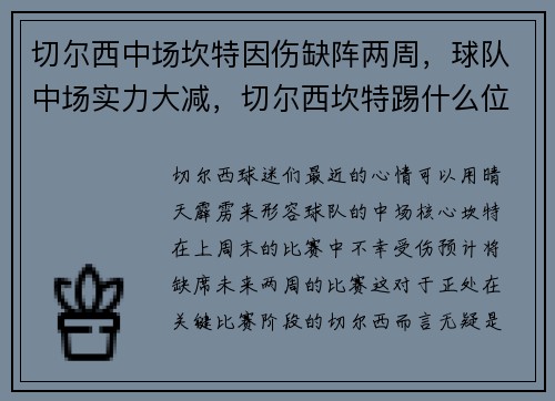 切尔西中场坎特因伤缺阵两周，球队中场实力大减，切尔西坎特踢什么位置