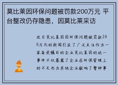 莫比莱因环保问题被罚款200万元 平台整改仍存隐患，因莫比莱采访