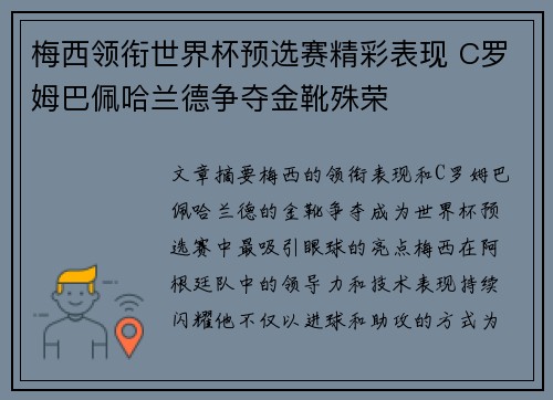 梅西领衔世界杯预选赛精彩表现 C罗姆巴佩哈兰德争夺金靴殊荣