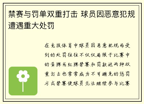 禁赛与罚单双重打击 球员因恶意犯规遭遇重大处罚