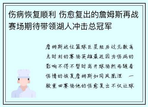 伤病恢复顺利 伤愈复出的詹姆斯再战赛场期待带领湖人冲击总冠军