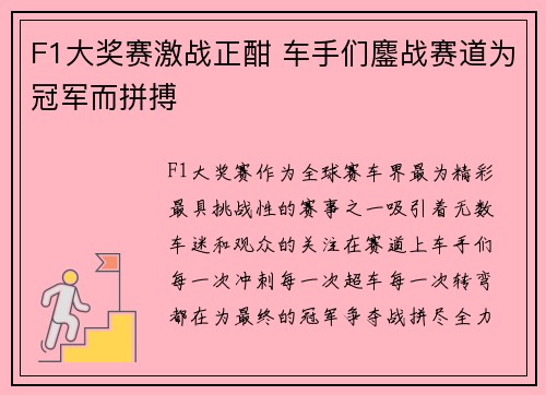 F1大奖赛激战正酣 车手们鏖战赛道为冠军而拼搏